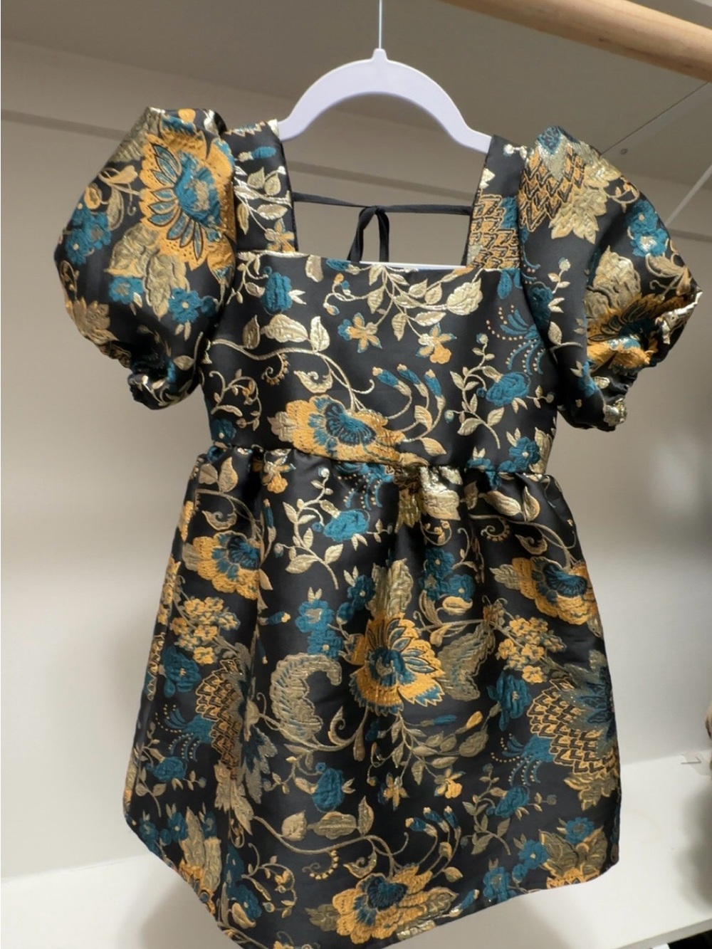 GB girls Black Floral Brocade Puff Sleeve Dress with Gold & Teal Accents